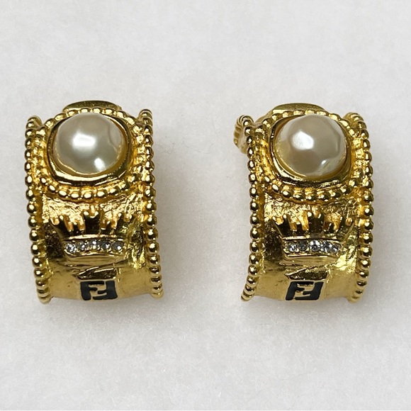 Fendi Jewelry - Vintage Fendi Crown Pearl Gold Tone Chunky Clip On Earrings 1” x 5/8”
